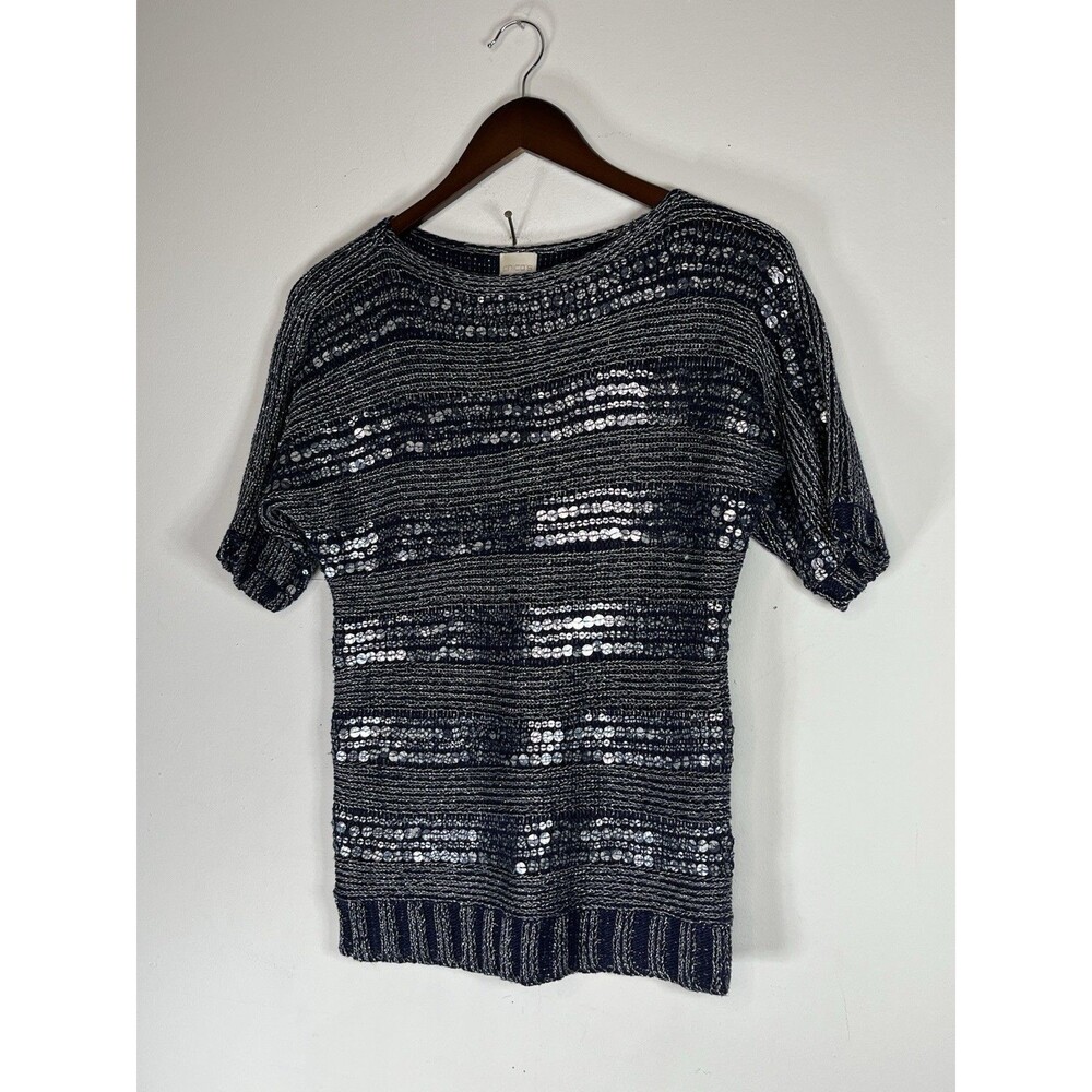 chicos sz small 0 knit sequin metallic blouse top dark blue